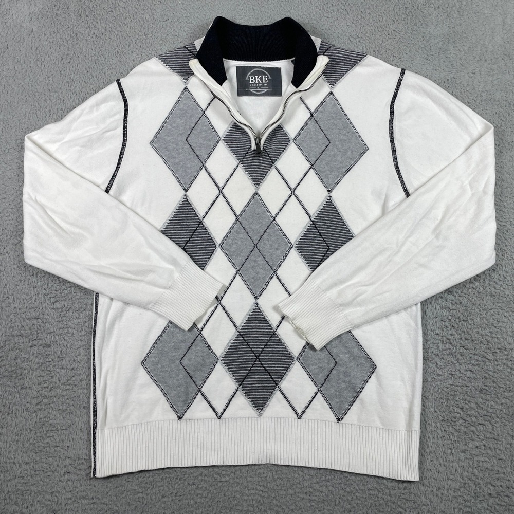 BKE Argyle 1/4 Zip Sweater Mens Large White Grey Athletic Fit Preppy‎ Pullover